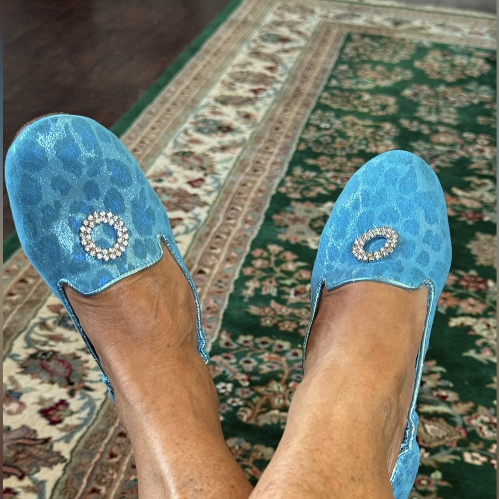 Joan Boyce Travel Scrunch Ballet Flat Size 7.5 Blue Metallic Leopard Print